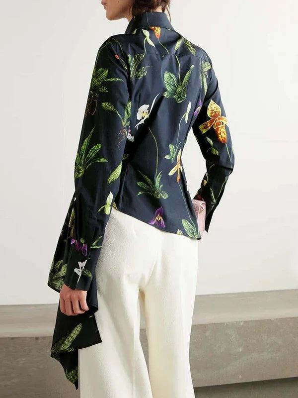 Elengant Asymmetric Floral Long Sleeve Blouse