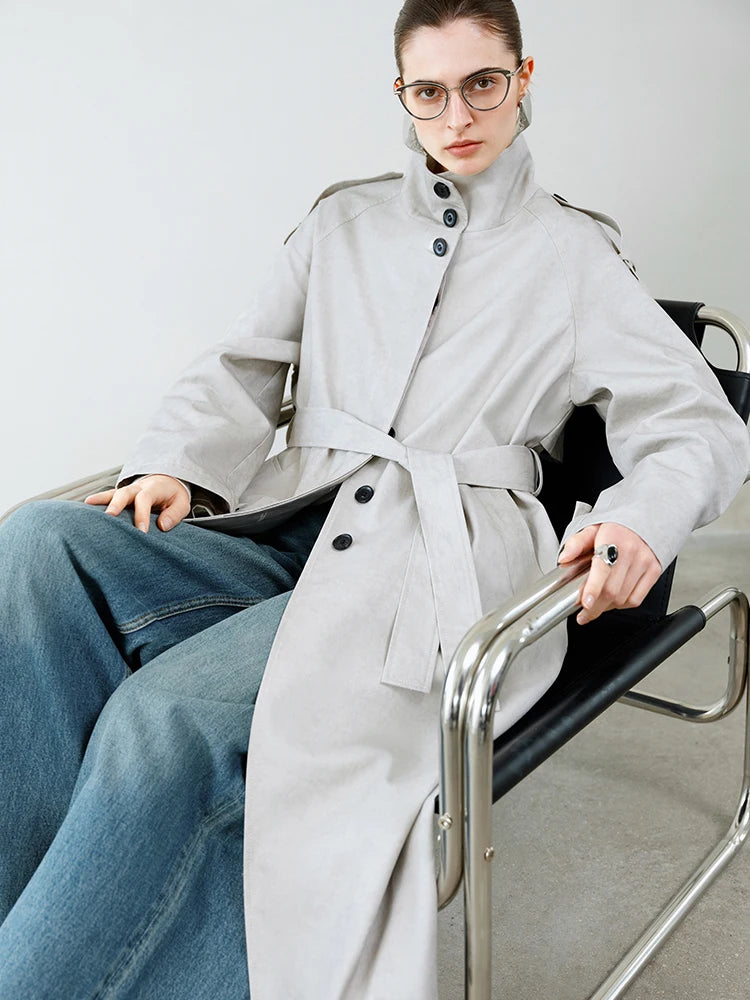 Gray Loose Fit Stand Up Collar Single Breasted Trench Coat