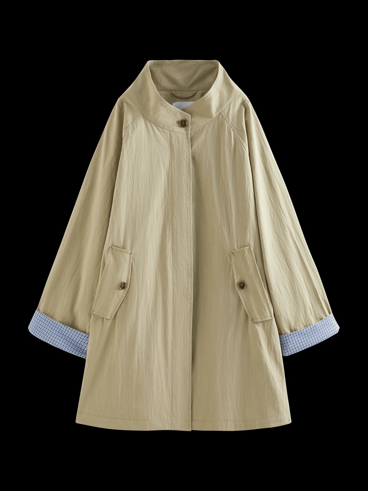 Stand Collar Loose Fit Khaki Single Breasted Trench Coat with Plaid Cuffs