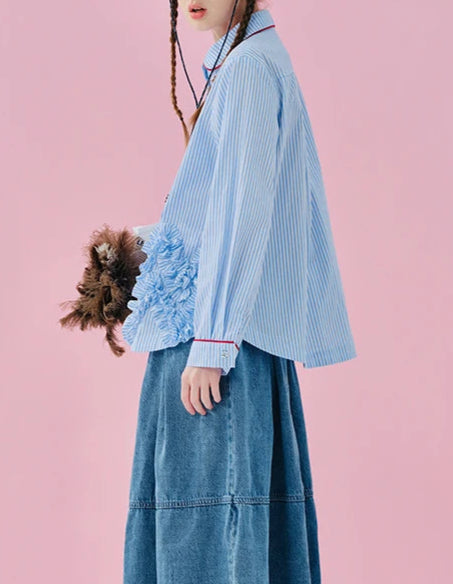 Striped Ruffle Patchwork Long Sleeved Shirt