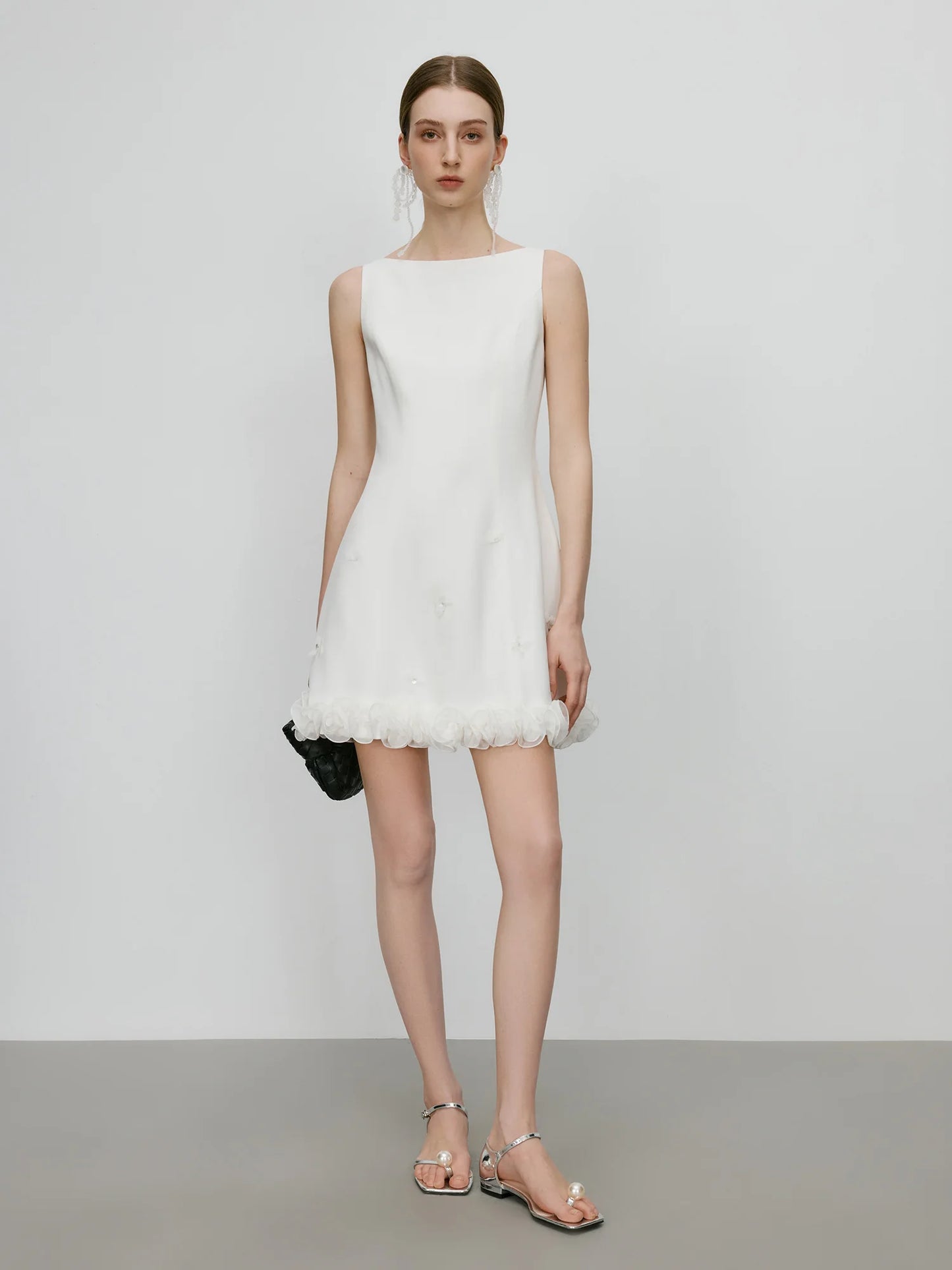 Boat Neck Sleeveless Mini Dress with Petal Design Hem