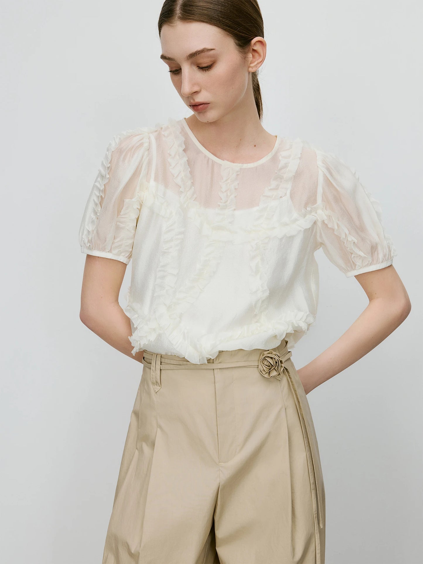 Sheer Short Puff Sleeves Blouse + Tank with Ruffles Design