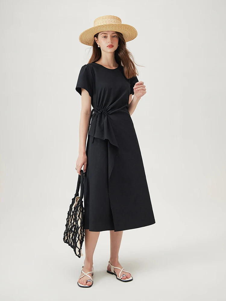 Classic Short Sleeves A-Line Ruched Sides Midi Dress