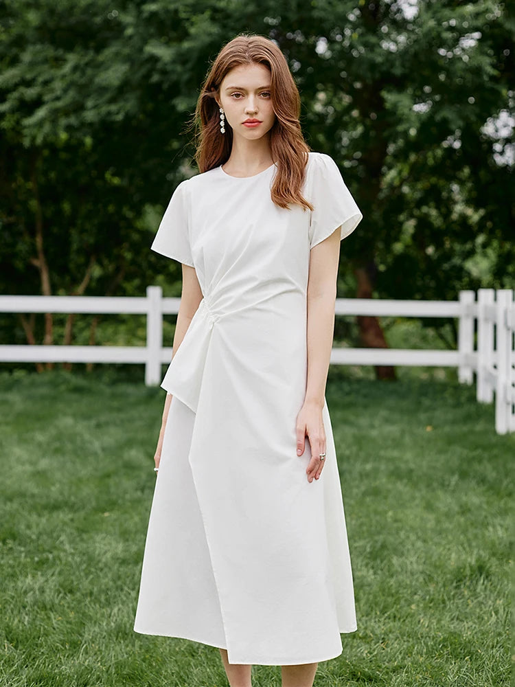 Classic Short Sleeves A-Line Ruched Sides Midi Dress