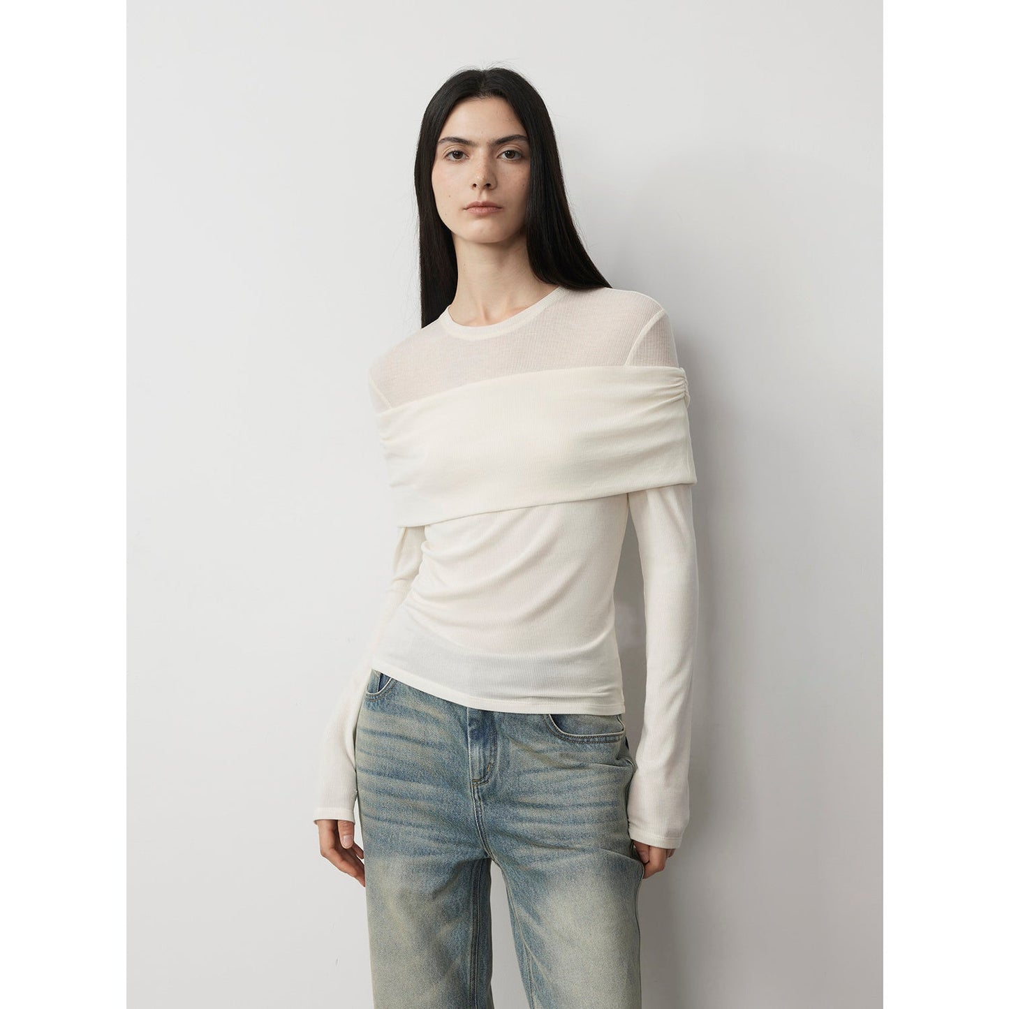 Layered Tencel Wool Fake Two-Piece Splicing Off-Shoulder Versatile Knitted Top