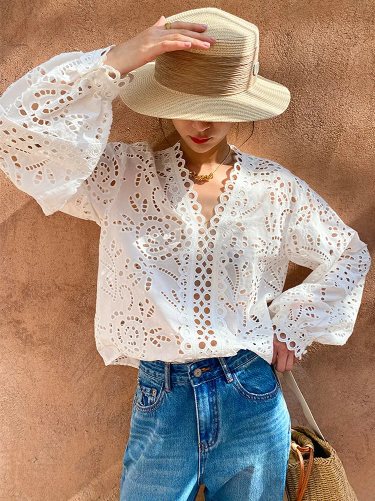 White Chic Hollow Lace Long Sleeve Shirt