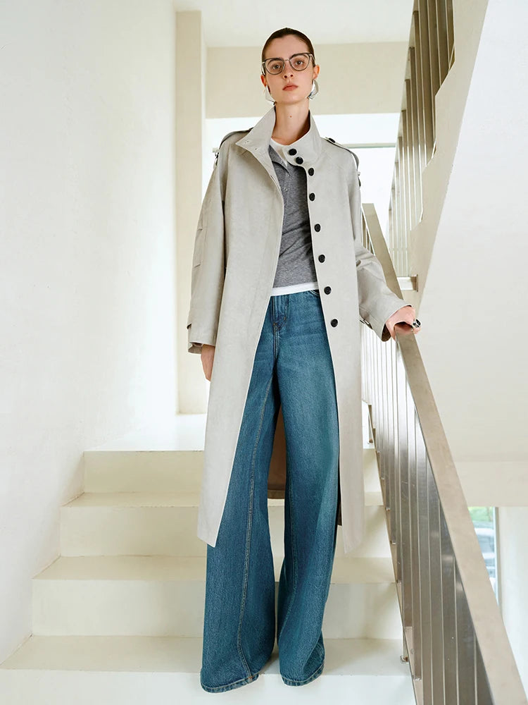 Gray Loose Fit Stand Up Collar Single Breasted Trench Coat