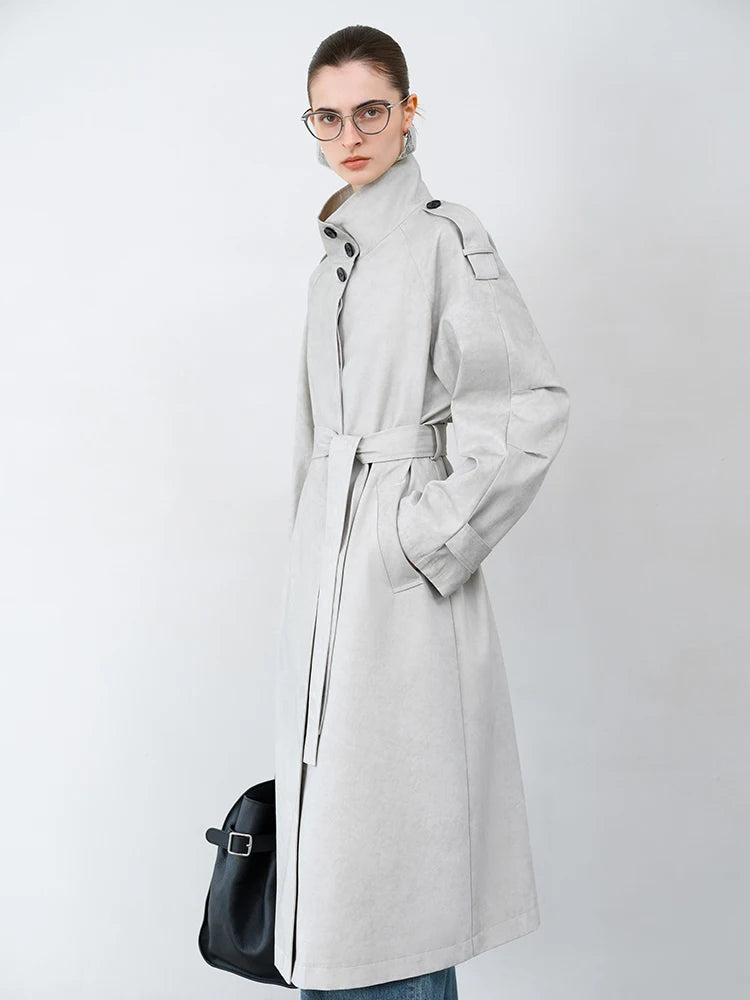 Gray Loose Fit Stand Up Collar Single Breasted Trench Coat