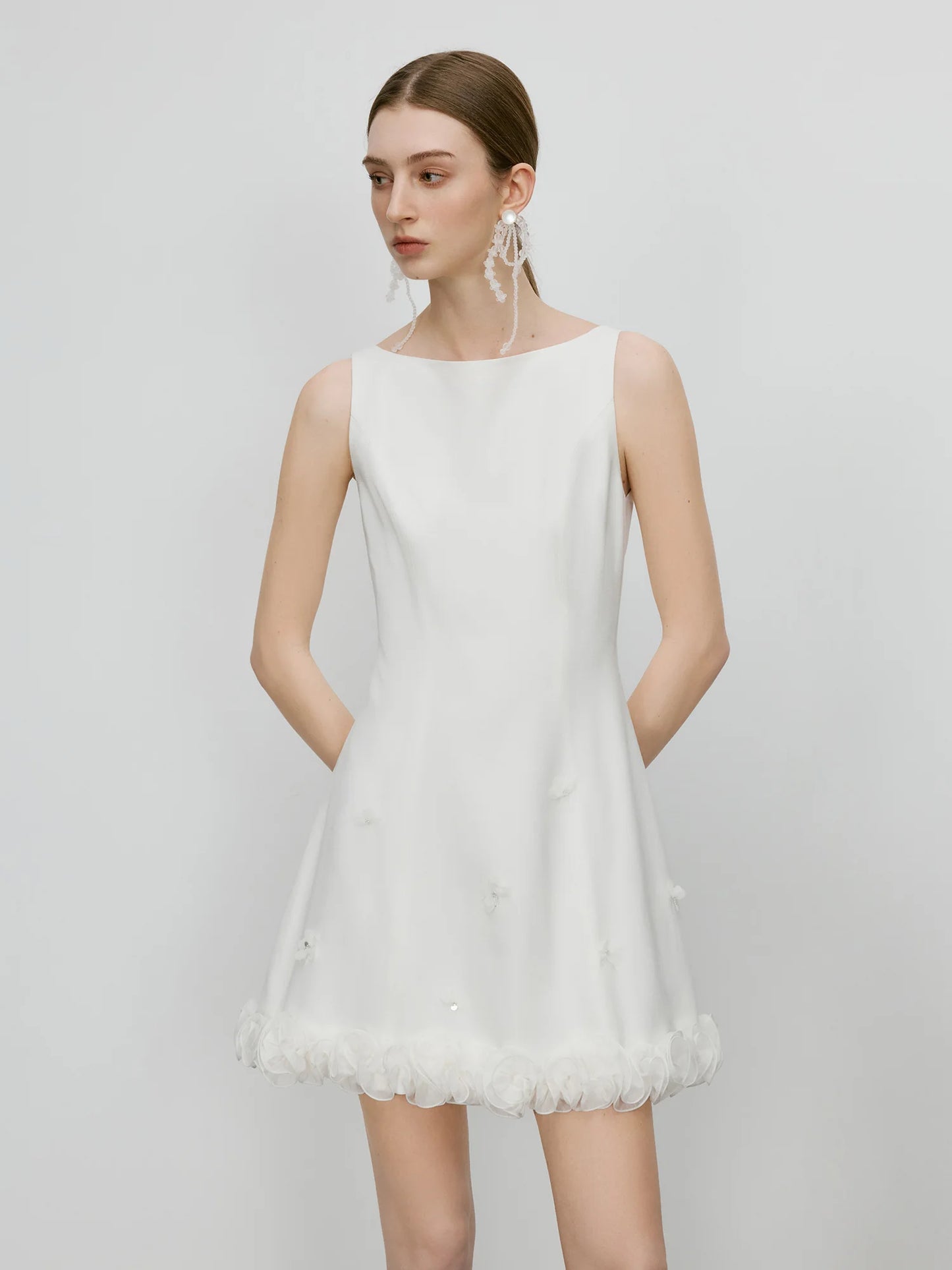 Boat Neck Sleeveless Mini Dress with Petal Design Hem