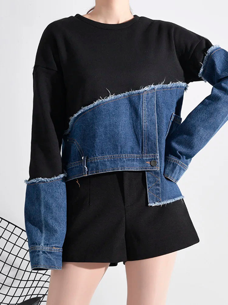Denim Patchwork Asymmetrical Long Sleeve Sweatshirt