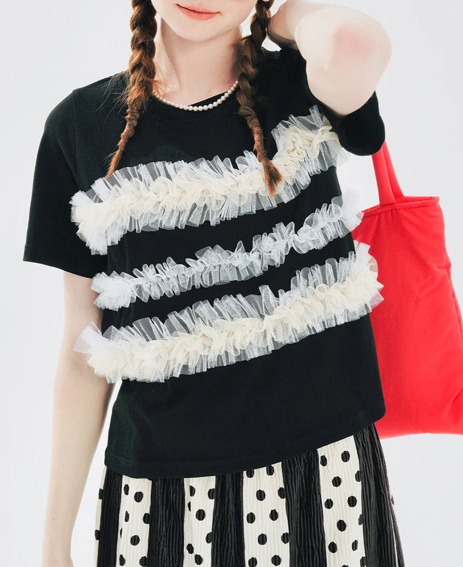 Short Sleeved Black T-Shirt with Mesh Ruffle Design