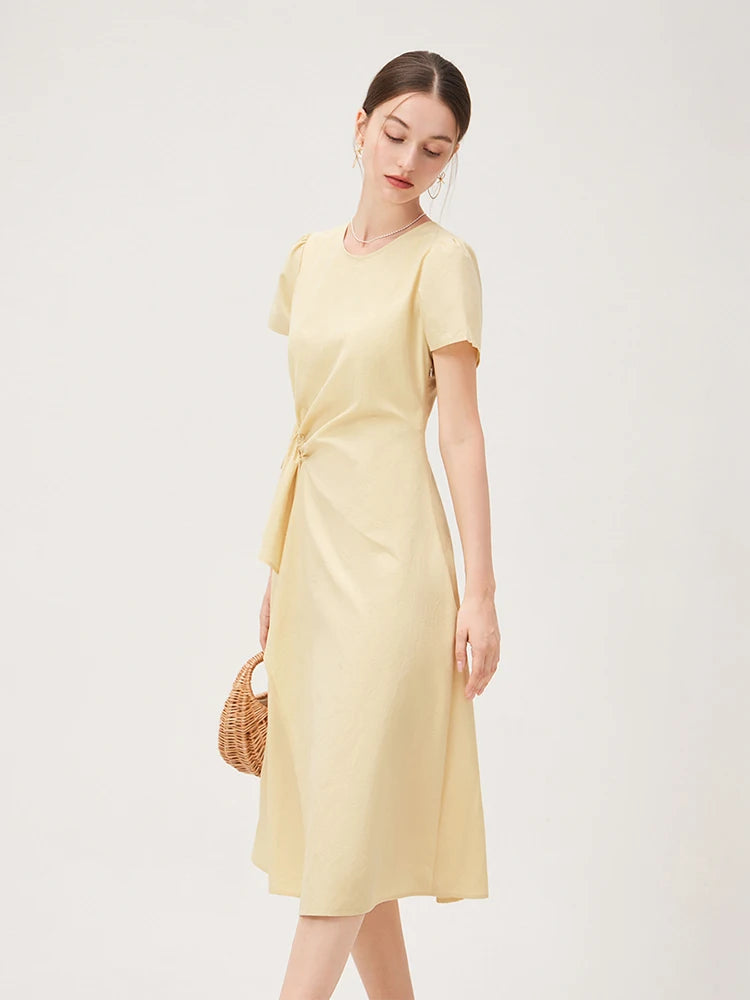 Classic Short Sleeves A-Line Ruched Sides Midi Dress