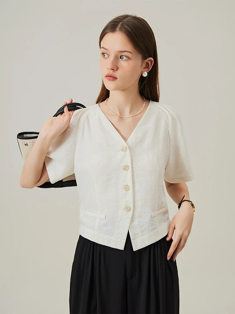 V-Neck Wide Short Sleeves Single Breasted Shirt