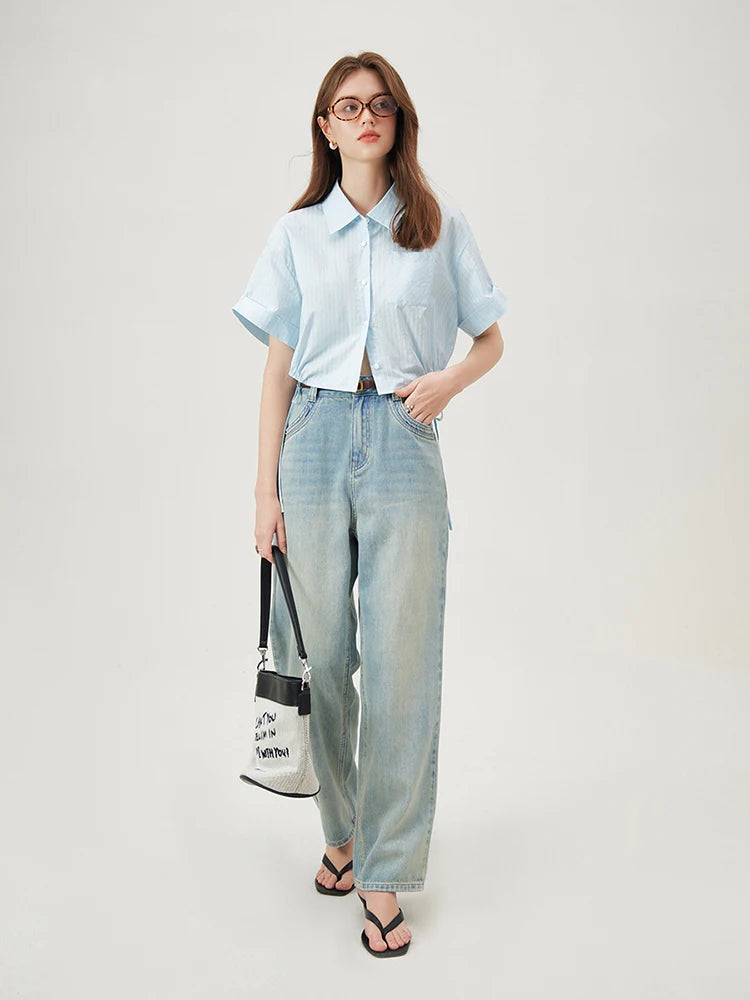 Lightweight Striped Short Sleeve Crop Shirt