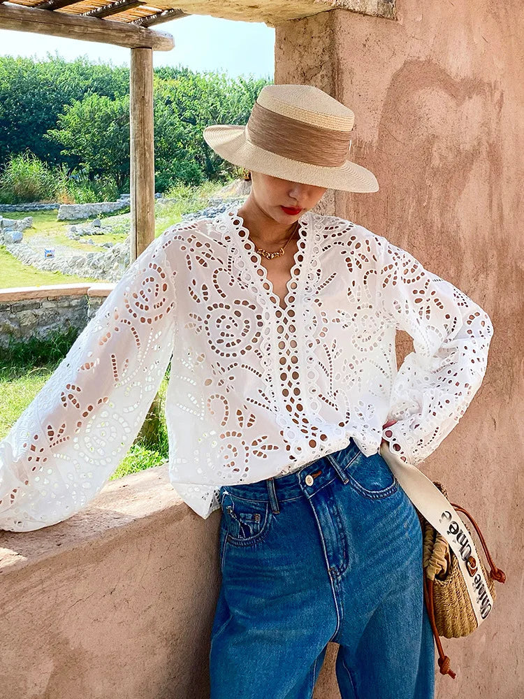 White Chic Hollow Lace Long Sleeve Shirt