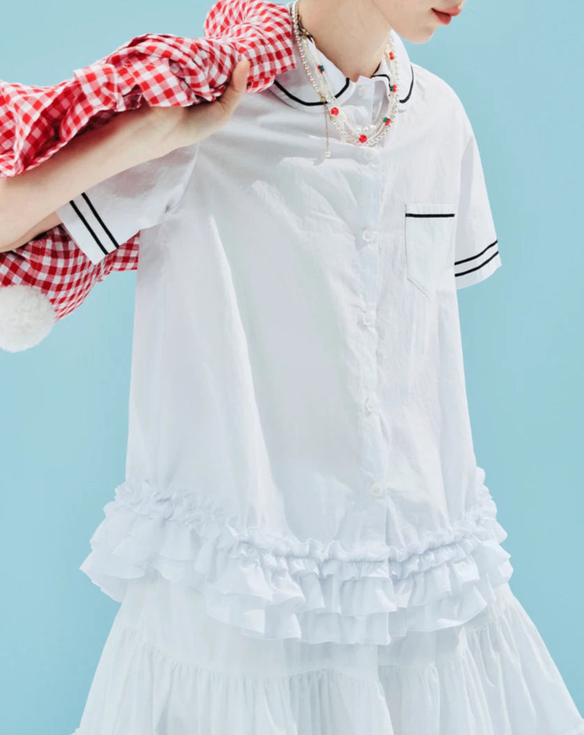 Polo Style Short Sleeves Dress Shirt with Ruffle Hem
