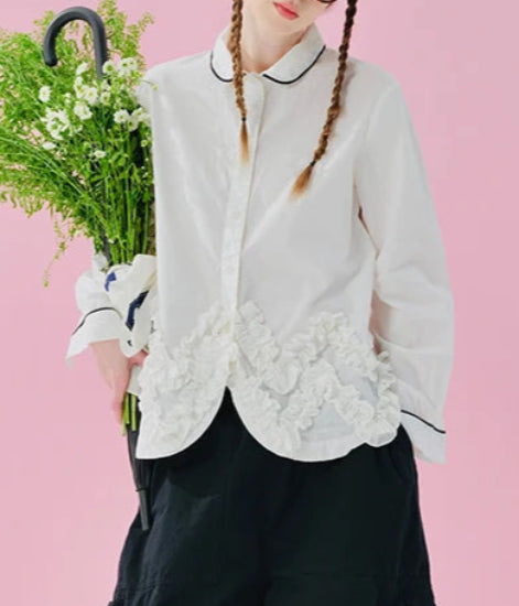 Striped Ruffle Patchwork Long Sleeved Shirt
