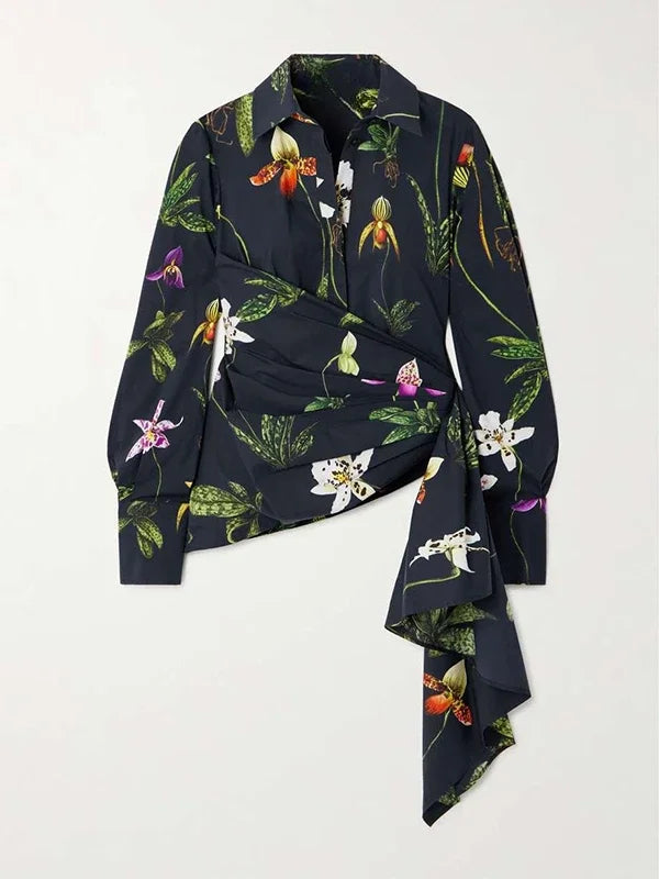 Elengant Asymmetric Floral Long Sleeve Blouse