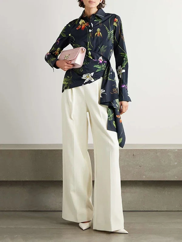 Elengant Asymmetric Floral Long Sleeve Blouse