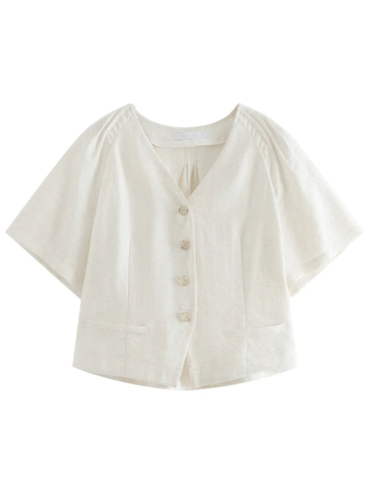 V-Neck Wide Short Sleeves Single Breasted Shirt