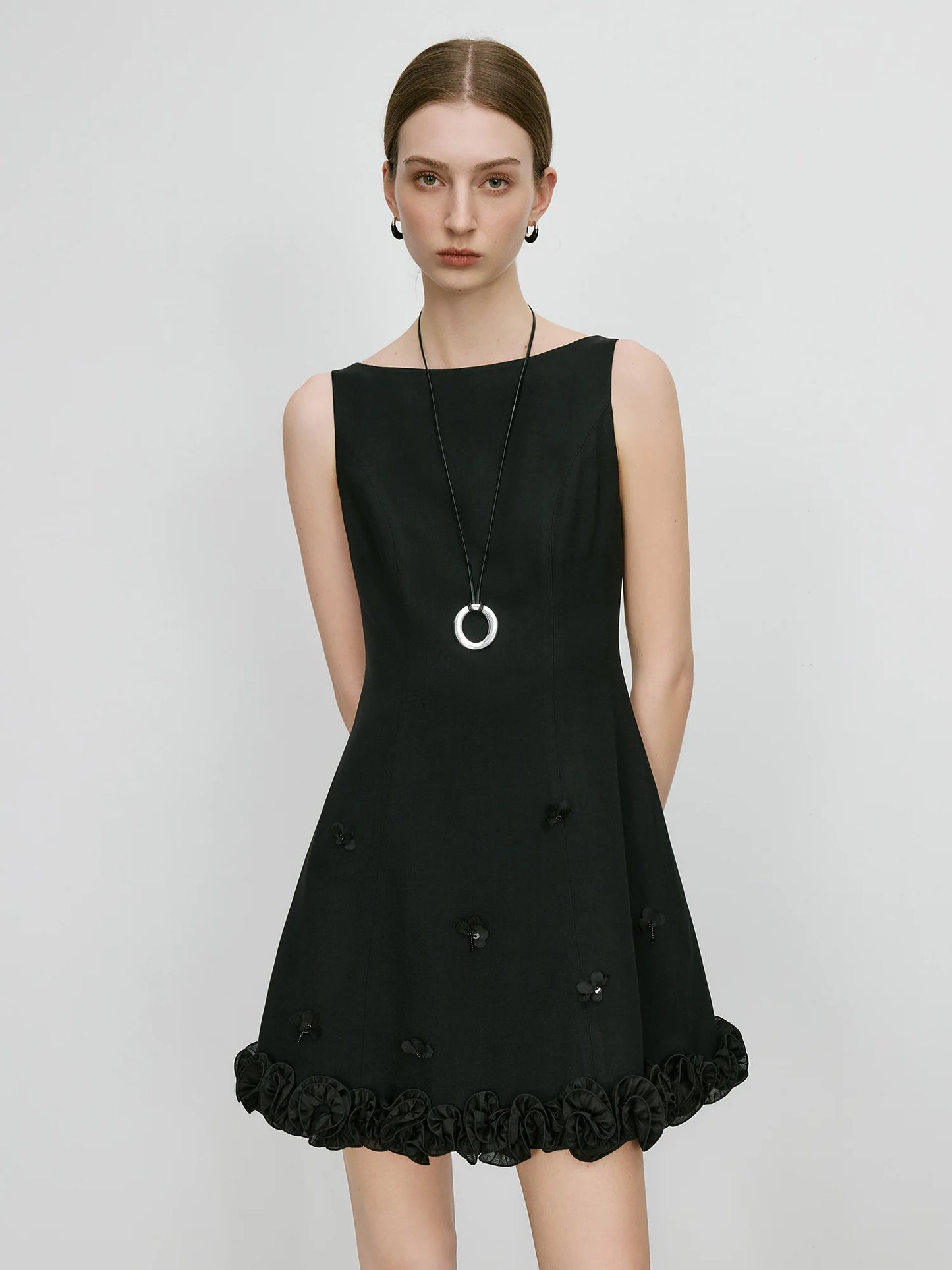 Boat Neck Sleeveless Mini Dress with Petal Design Hem