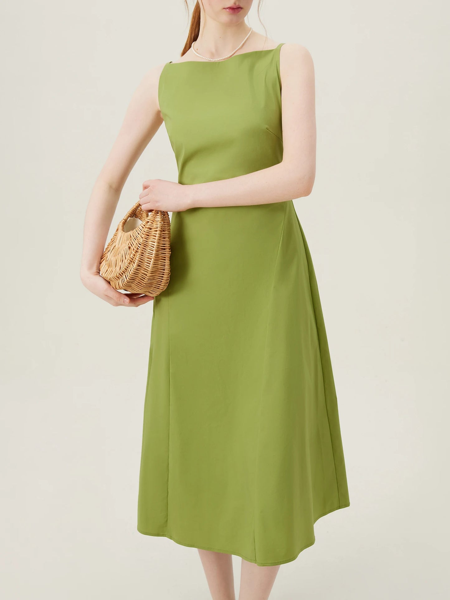 Elegant Sleeveless Boat Neck A- Line Midi Dress