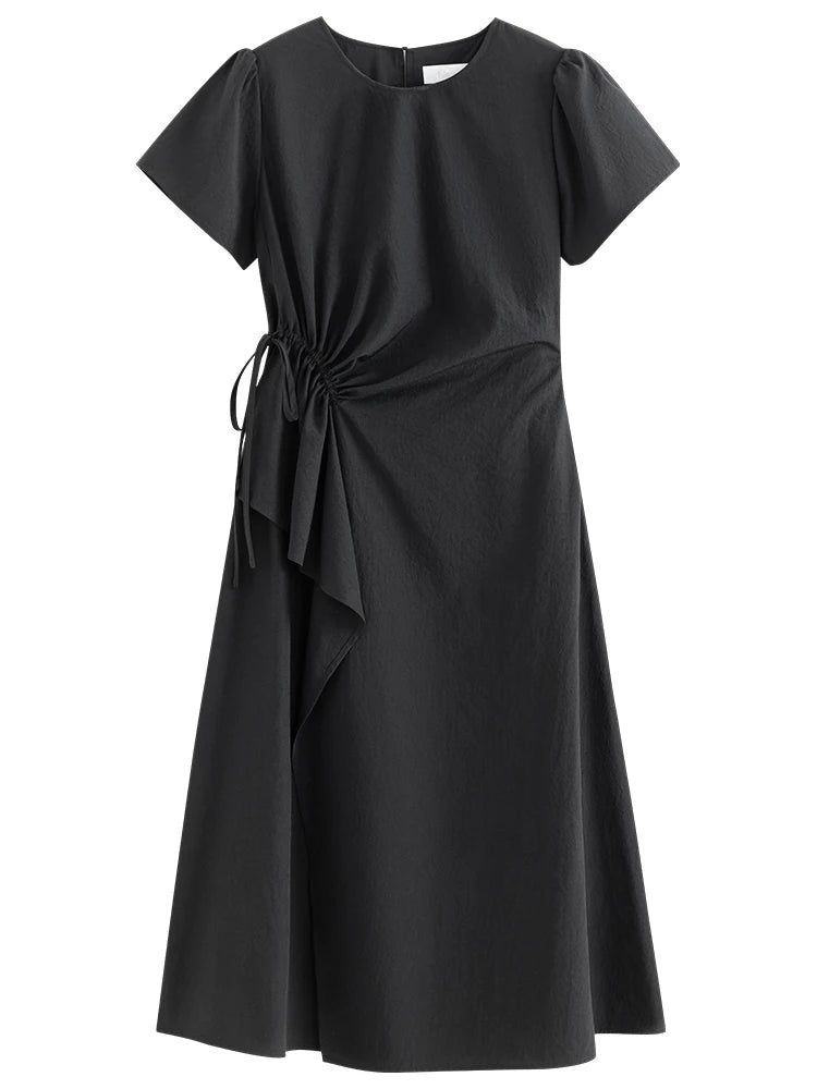 Classic Short Sleeves A-Line Ruched Sides Midi Dress