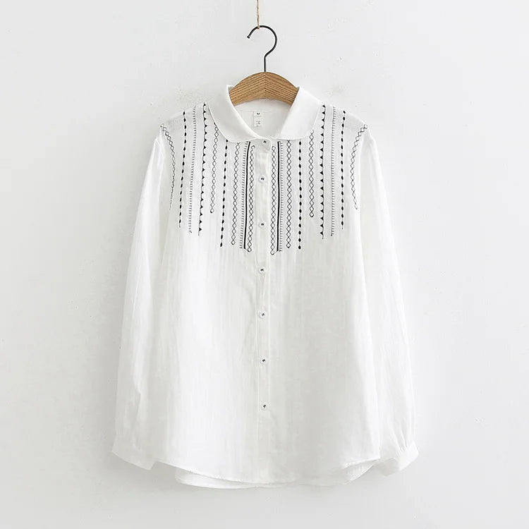 White Long Sleeve Embroidery Shirt