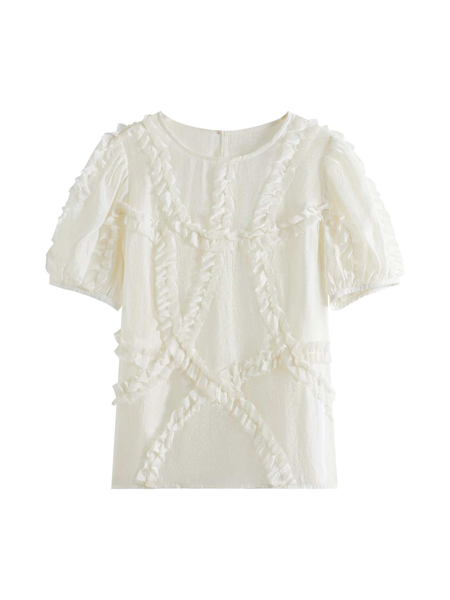 Sheer Short Puff Sleeves Blouse + Tank with Ruffles Design