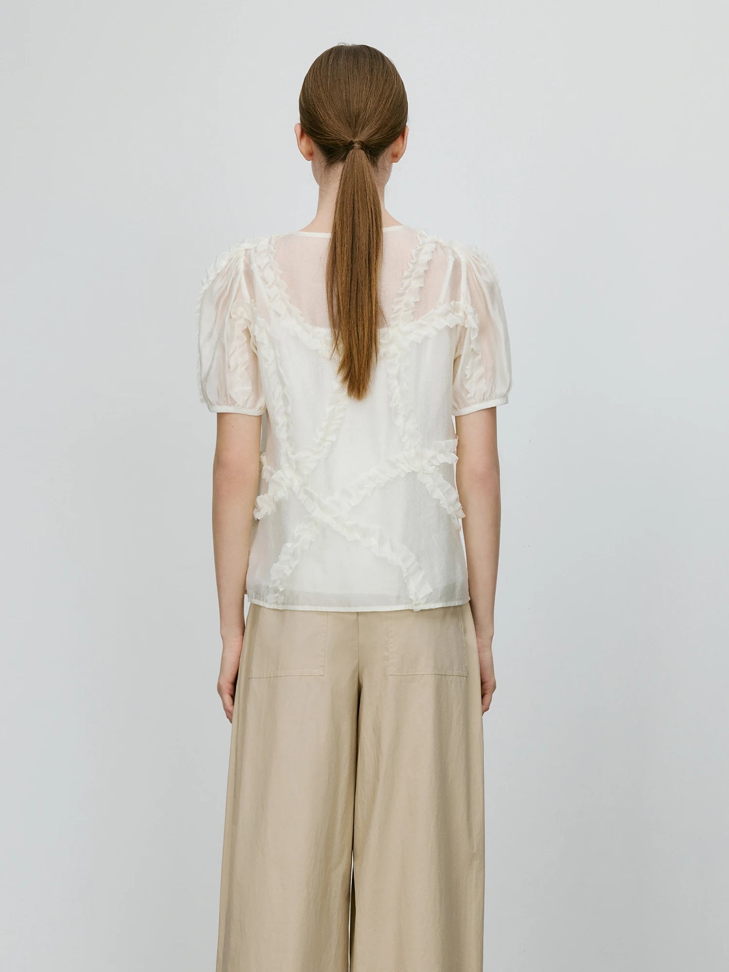 Sheer Short Puff Sleeves Blouse + Tank with Ruffles Design