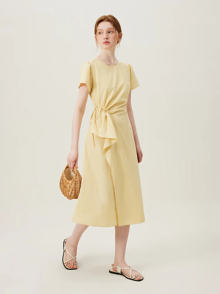 Classic Short Sleeves A-Line Ruched Sides Midi Dress