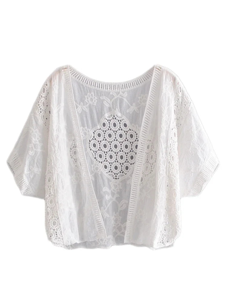 Vintage Lace Short Sleeve Loose Crop Cardigan