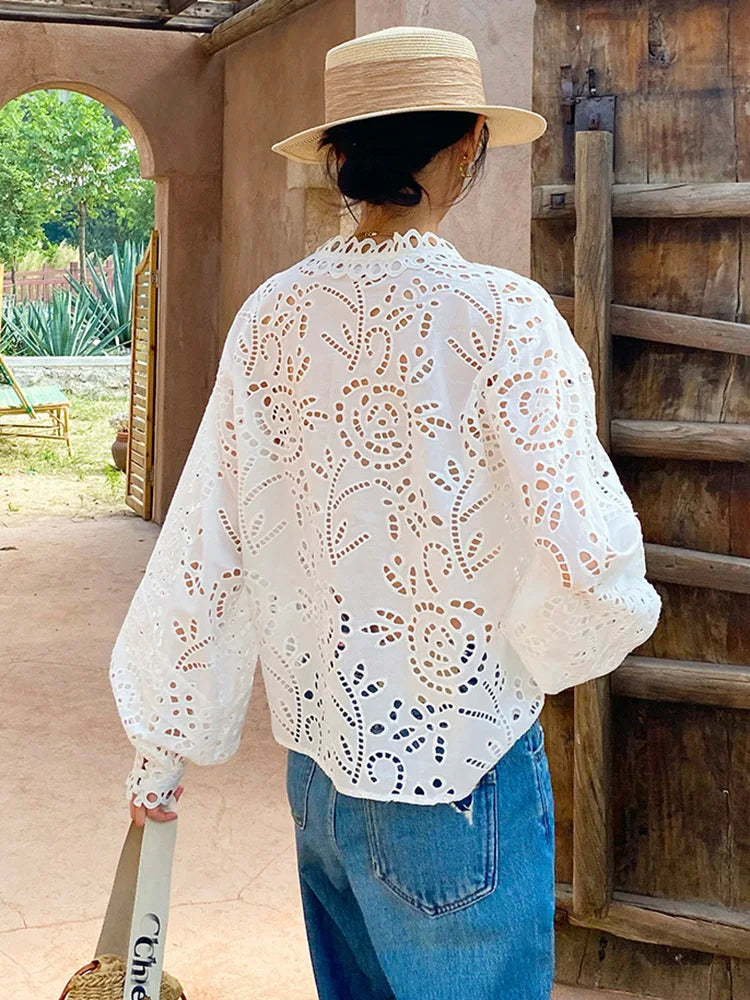 White Chic Hollow Lace Long Sleeve Shirt