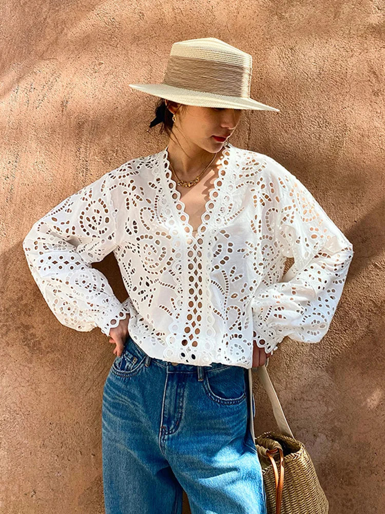 White Chic Hollow Lace Long Sleeve Shirt