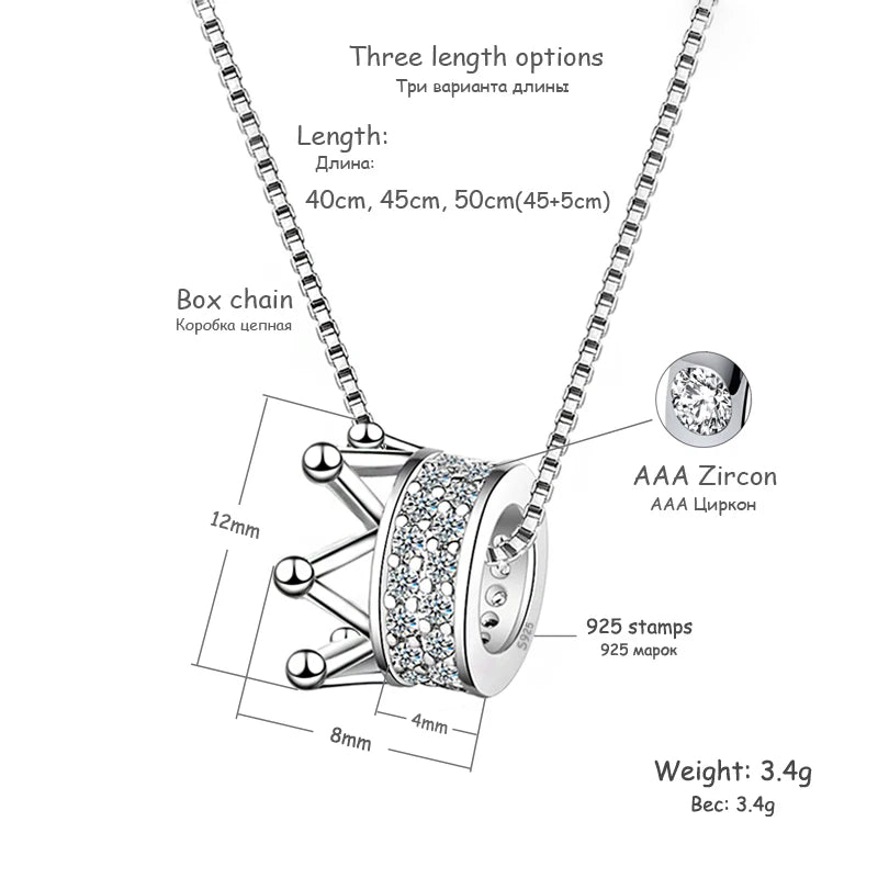 925 Sterling Silver Rotatable Crown Rhinestone Pendant Necklace