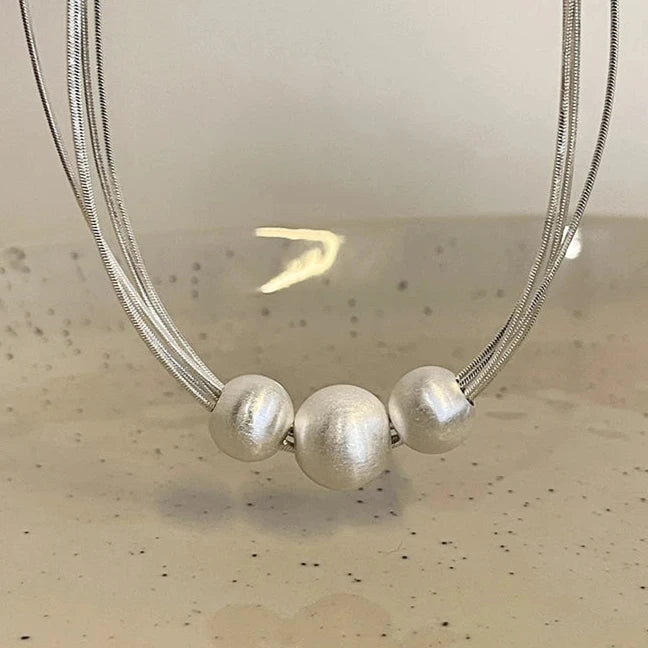 Multi Layer Stainless Steel Chain Brushed Silver Metal Ball Pendant Necklace