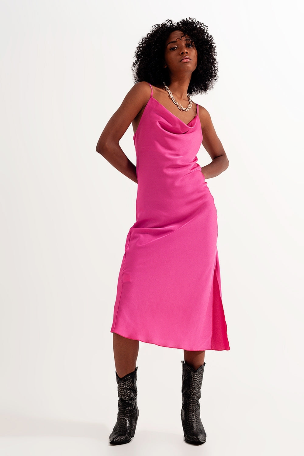 Cami Midi Slip Dress in High Shine Satin in Fuchsia City Charm Style Cami Midi Slip Dress in High Shine Satin in Fuchsia City Charm Style