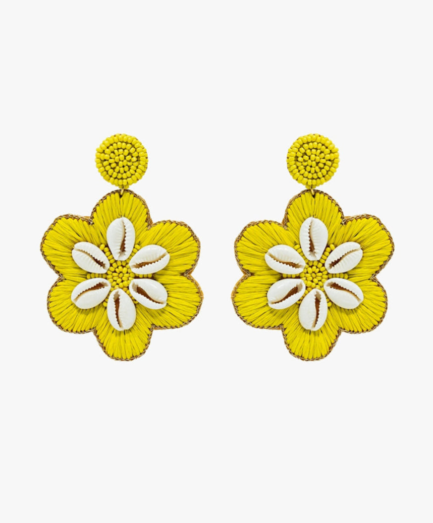Maxi Embroidered Flower Rafia Earrings With Sea Shell Details in Lime