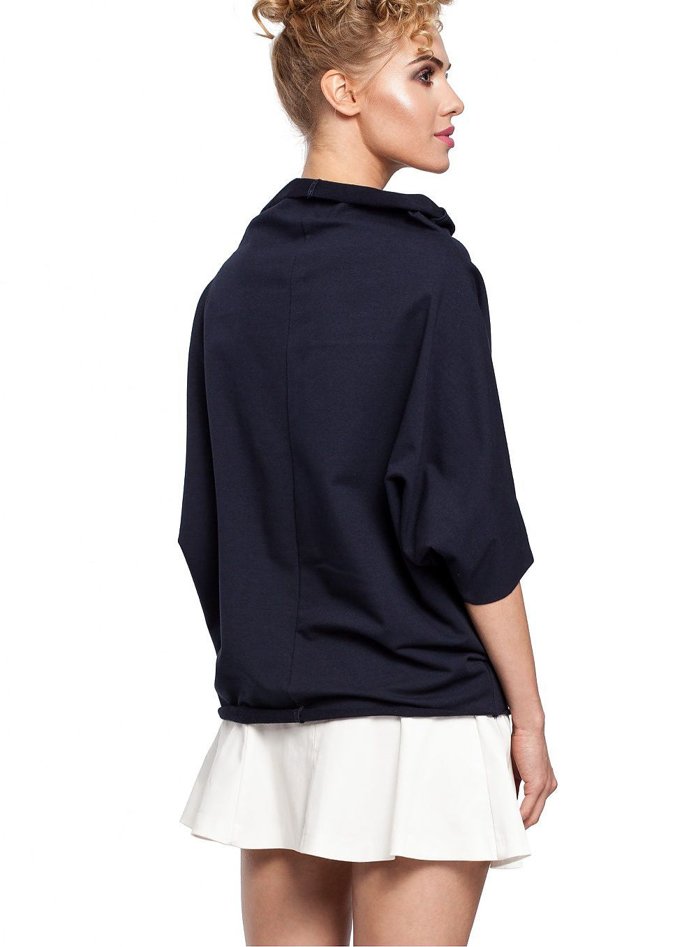 Navy Minimalism High Wide Collar with Kimono Half Sleeves Top