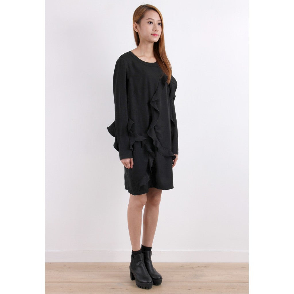 Korean Black Asymmetric Ruffle Trim Dress