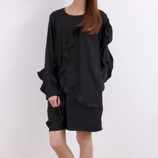 Korean Black Asymmetric Ruffle Trim Dress