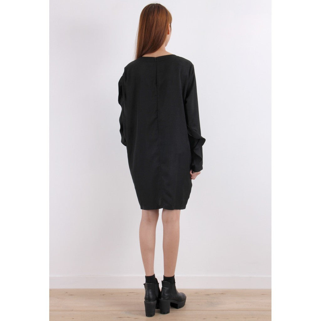 Korean Black Asymmetric Ruffle Trim Dress