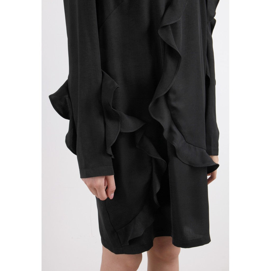 Korean Black Asymmetric Ruffle Trim Dress