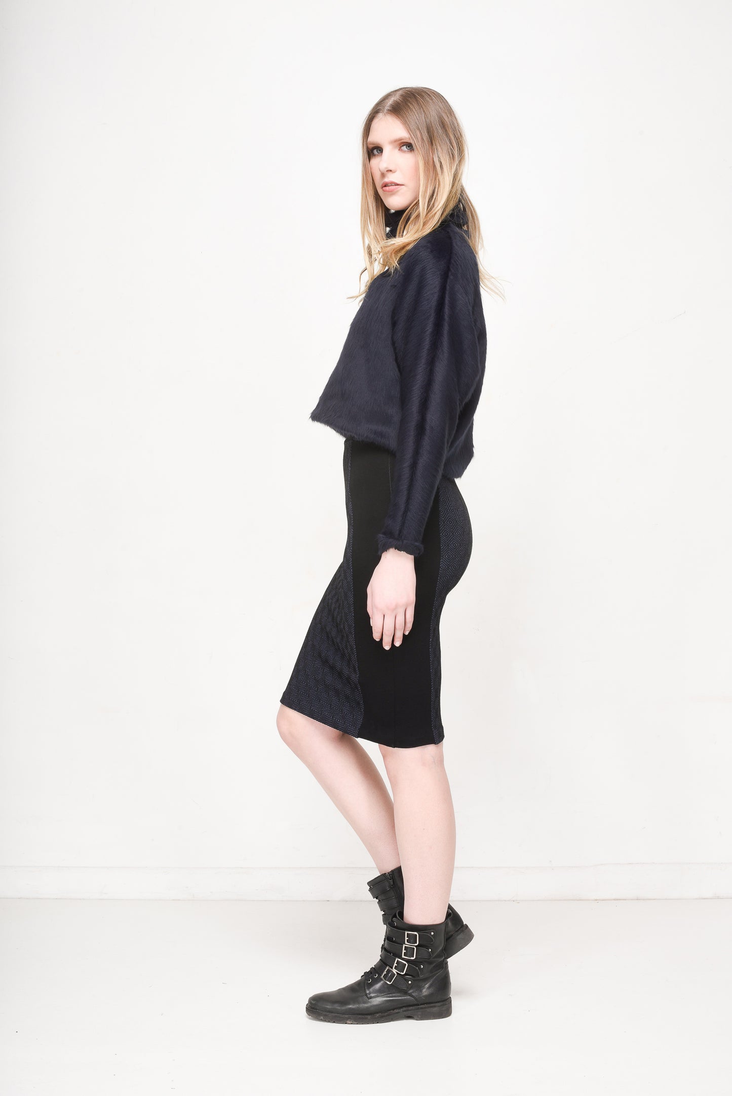 Dark Blue Faux Fur Turtleneck Top