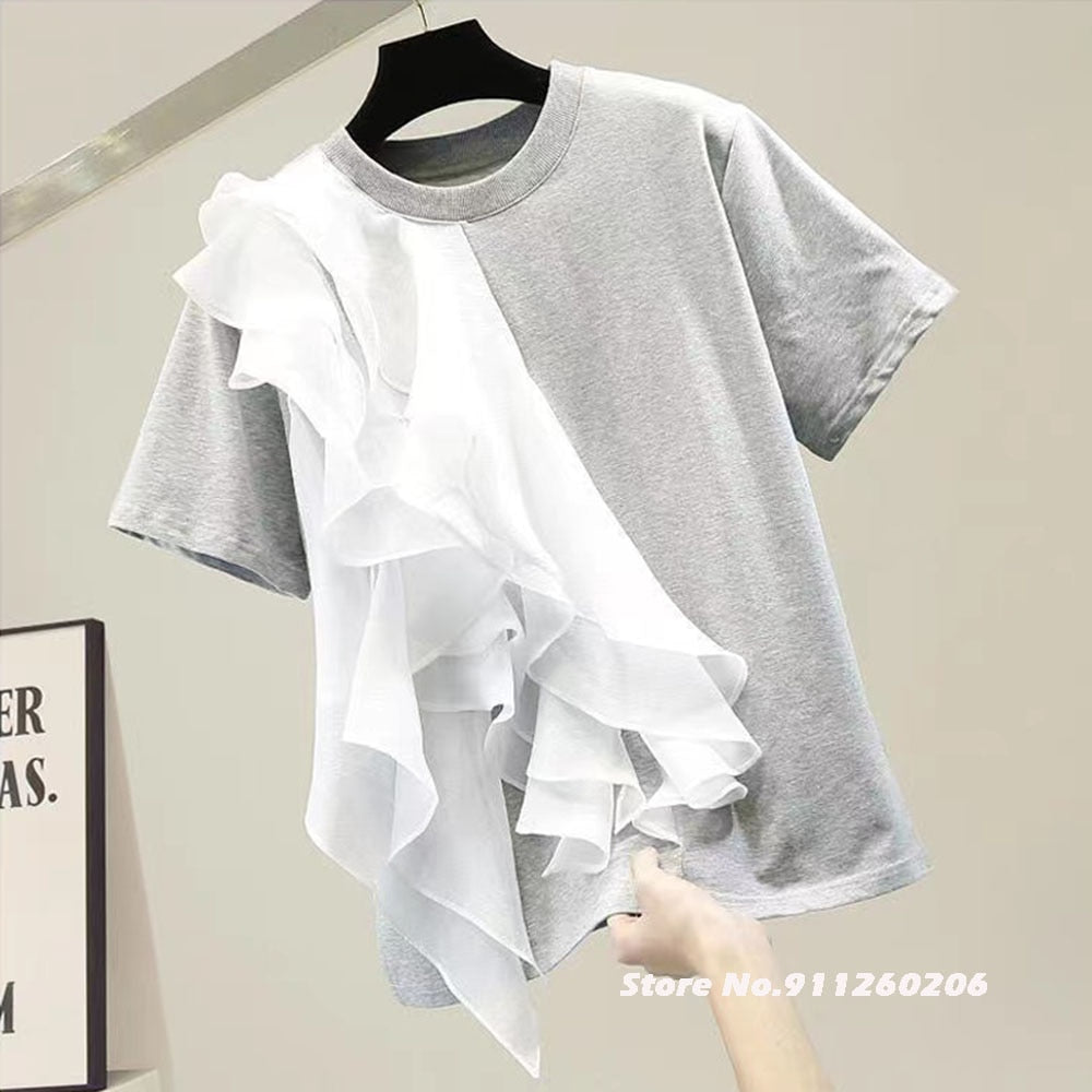 Patchwork Ruffle Short Sleeve Top
