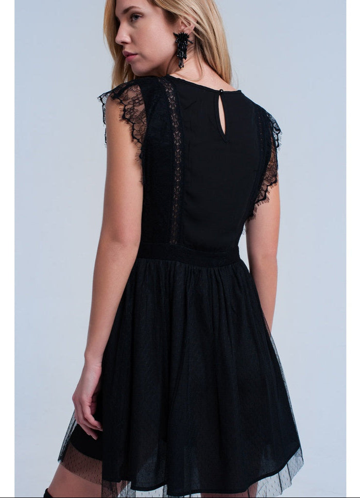Black lace insert pleated dress