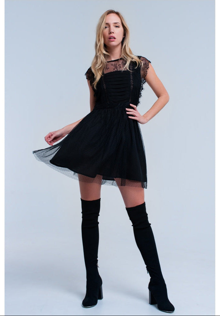 Black lace insert pleated dress