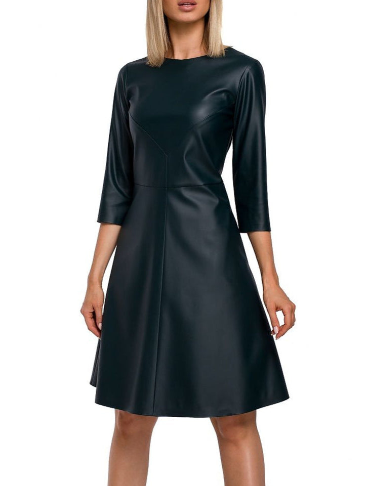 Minimalism Faux Leather Dress with 3/4 Sleeves