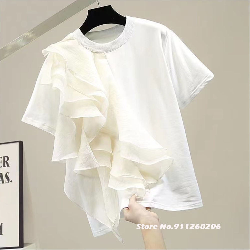 Patchwork Ruffle Short Sleeve Top