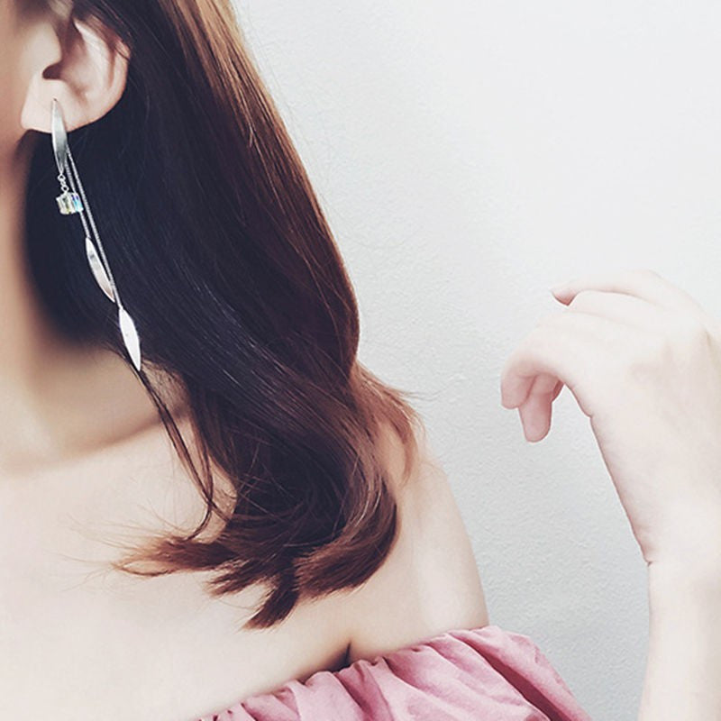 Dangle Leaf with Rhinestone 2 Sides Drop Earrings